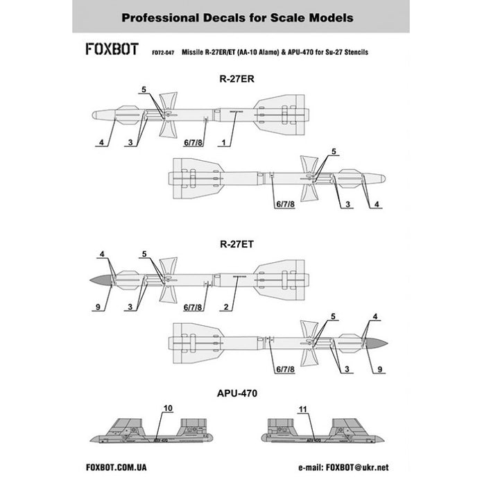 Foxbot 72-047 Decals Soviet Missile R-27ER/ET (AA-10 Alamo) & APU-470 points of Su-27 Stencils Scale 1:72