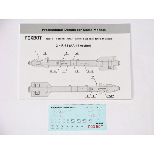 Foxbot 72-049 Decals Soviet Missile R-73 (AA-11 Archer) & 7/8 points for Su-27 Stencils Scale 1:72