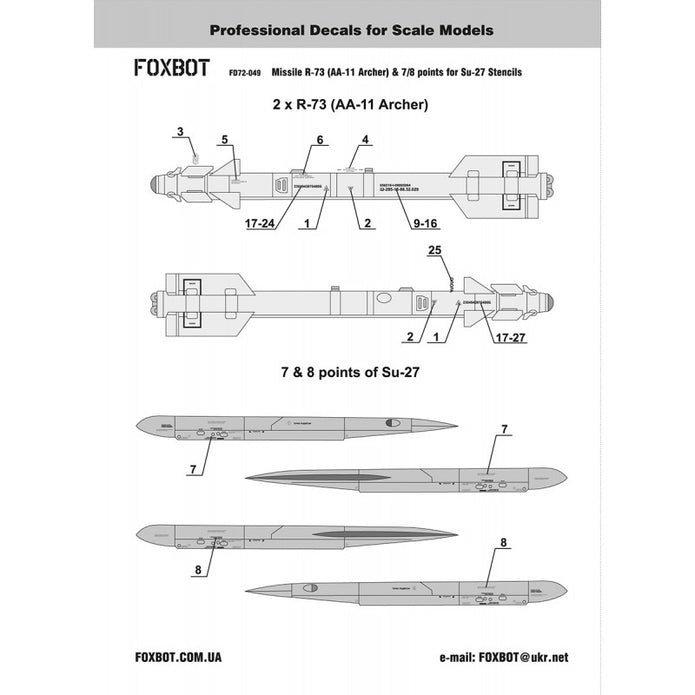 Foxbot 72-049 Decals Soviet Missile R-73 (AA-11 Archer) & 7/8 points for Su-27 Stencils Scale 1:72