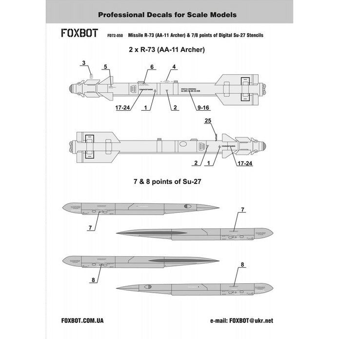 Foxbot 72-050 Decals Soviet Missile R-73 (AA-11 Archer) & 7/8 points of Digital Su-27 Stencils Scale 1:72