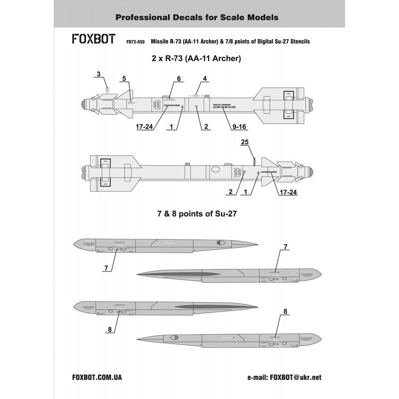 Foxbot 72-050 Decals Soviet Missile R-73 (AA-11 Archer) & 7/8 points of Digital Su-27 Stencils Scale 1:72