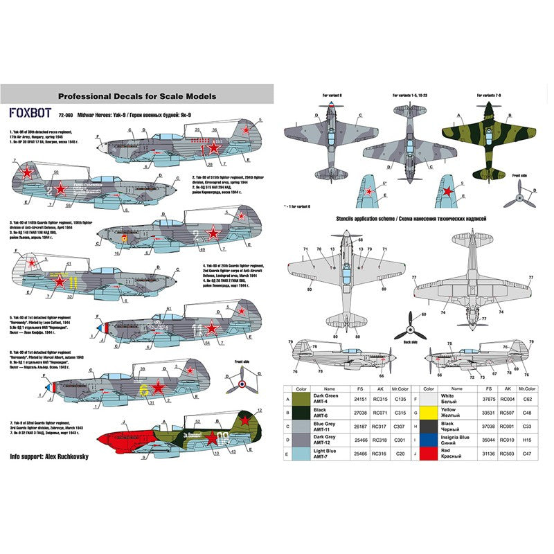 Foxbot 72-060 Decals Soviet interceptor and fighter aircraft Yak-9 R/D/B, Midwar Heroes Scale 1:72