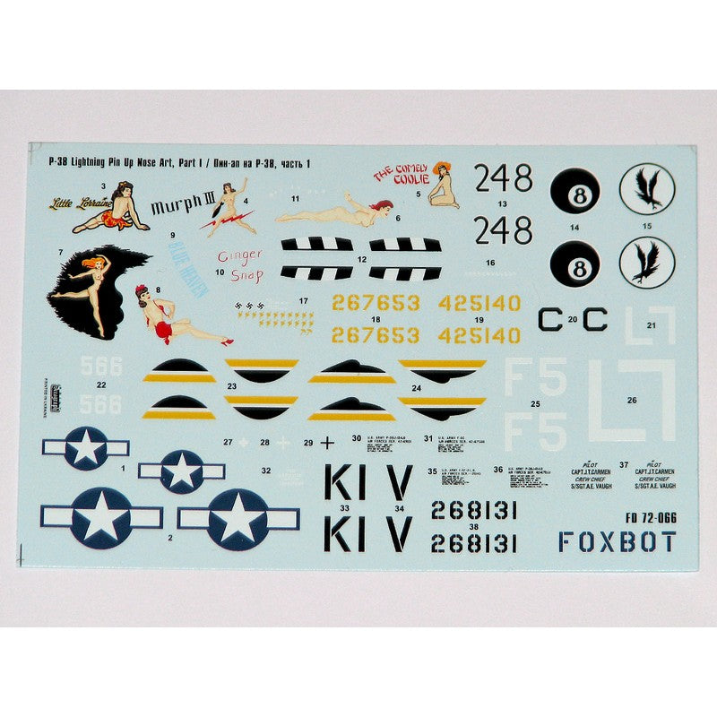 Foxbot 72-066 Decals Lockheed P-38 Lightning Pin-Up Nose Art and Stencils (Part I) Scale 1:72