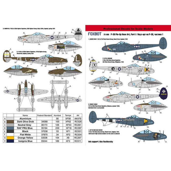 Foxbot 72-066 Decals Lockheed P-38 Lightning Pin-Up Nose Art and Stencils (Part I) Scale 1:72
