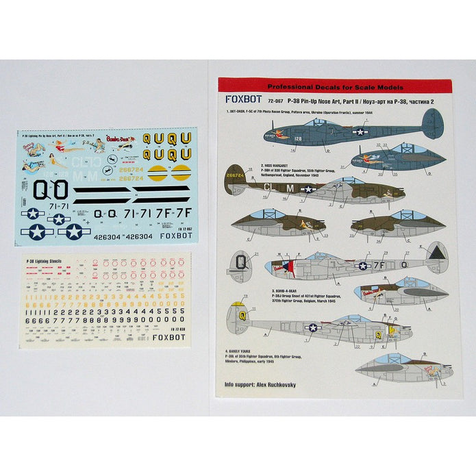 Foxbot 72-067 Decals Lockheed P-38 Lightning Pin-Up Nose Art and Stencils (Part II) Scale 1:72