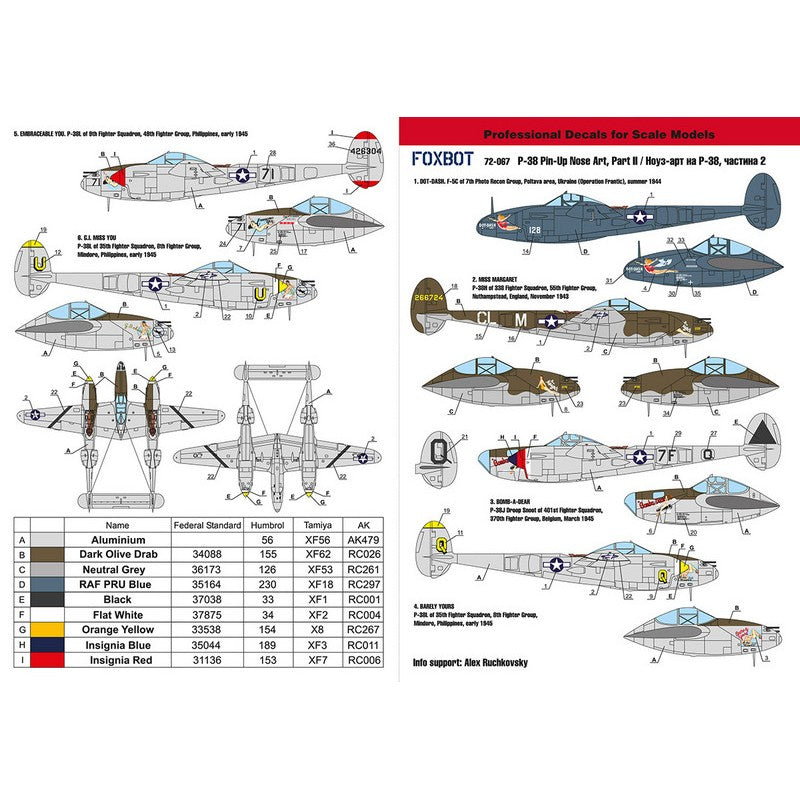 Foxbot 72-067 Decals Lockheed P-38 Lightning Pin-Up Nose Art and Stencils (Part II) Scale 1:72