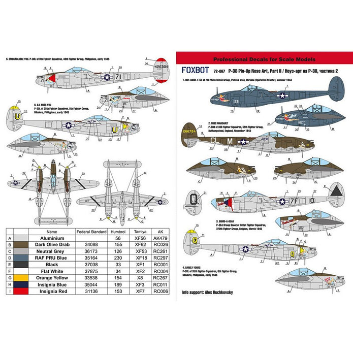 Foxbot 72-067 Decals Lockheed P-38 Lightning Pin-Up Nose Art and Stencils (Part II) Scale 1:72