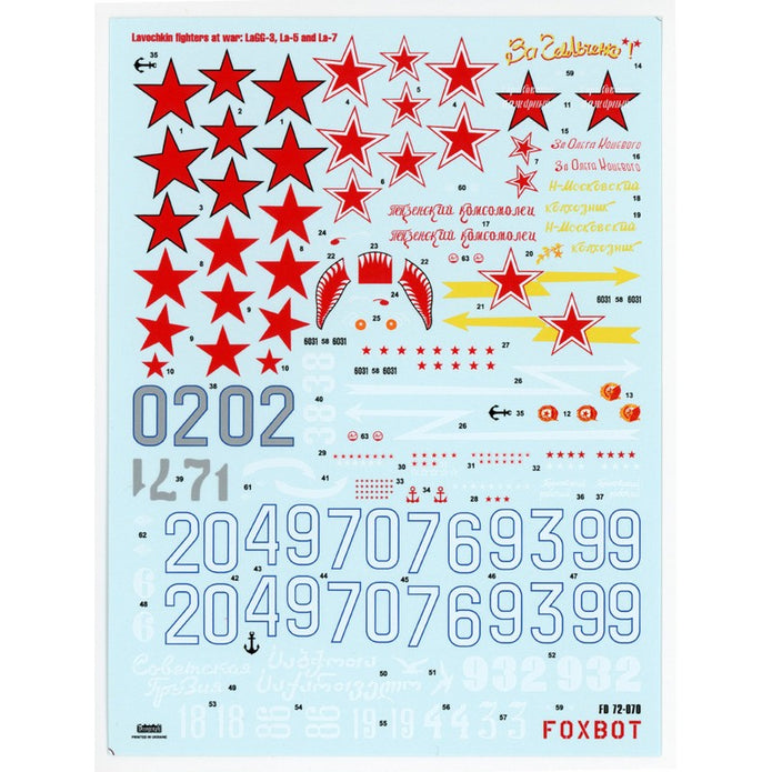 Foxbot 72-070 Decals Soviet interceptors Lavochkin fighters at war: LaGG-3, La-5/5F/5FN and La-7 Scale 1:72