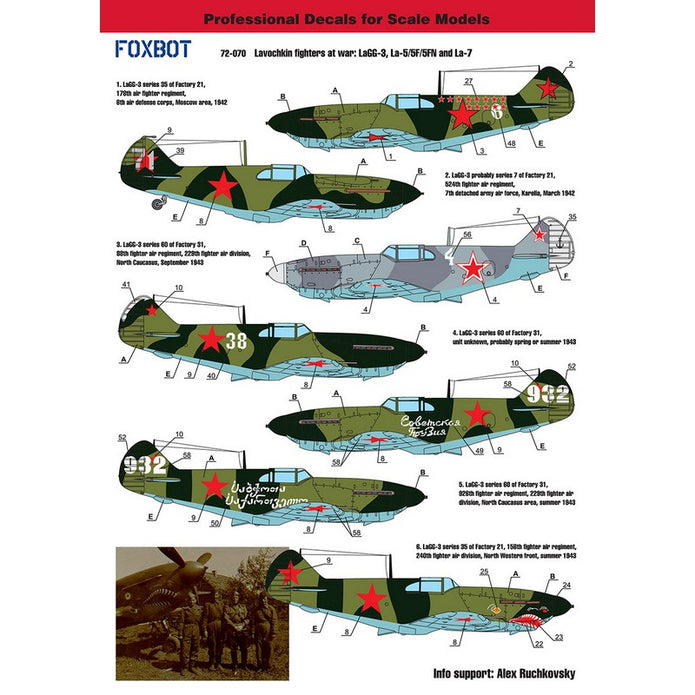 Foxbot 72-070 Decals Soviet interceptors Lavochkin fighters at war: LaGG-3, La-5/5F/5FN and La-7 Scale 1:72