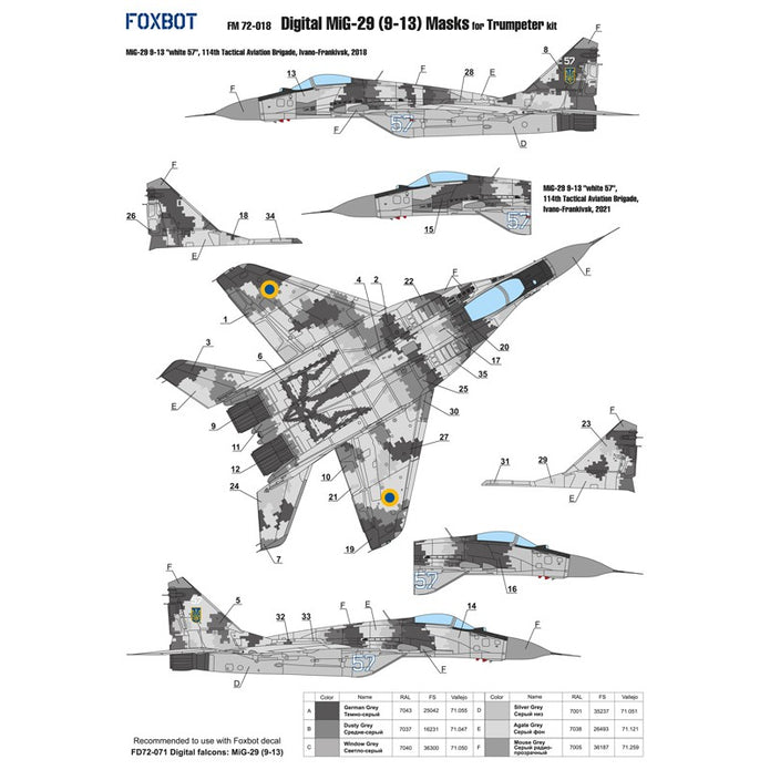 Foxbot 72-071A Decals Ukrainian Digital Falcons: MiG-29 (9-13) with masks Scale 1:72 for Aircraft Plastic Model Kit