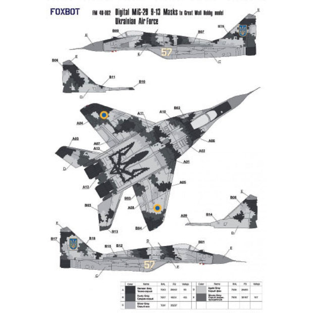 Foxbot FM 48-002 Masks for digital camouflage of MiG-29 9-13 Ukrainian Air Forces Scale 1:48 for Aircraft Plastic Model Kit