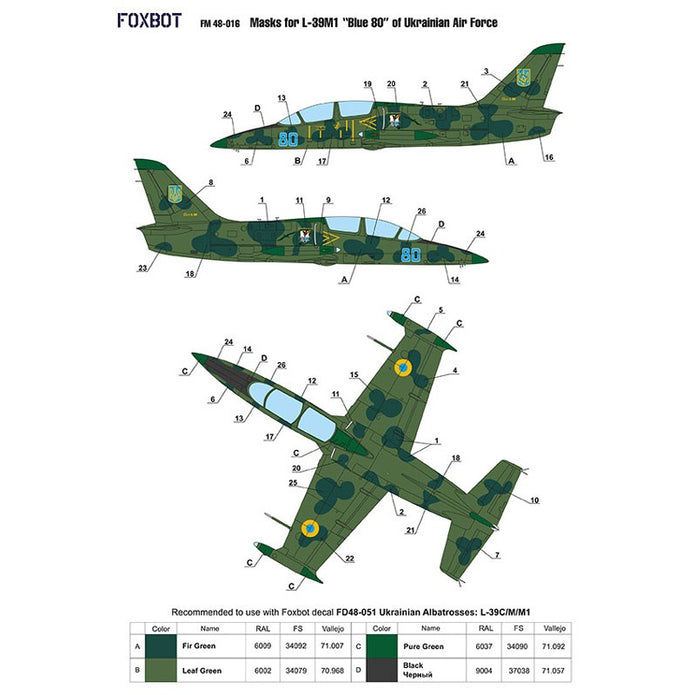 Foxbot FM 48-016 Masks camouflage for L-39M1 “Blue 80” Ukrainian Air Force Scale 1:48 for Aircraft Plastic Model Kit