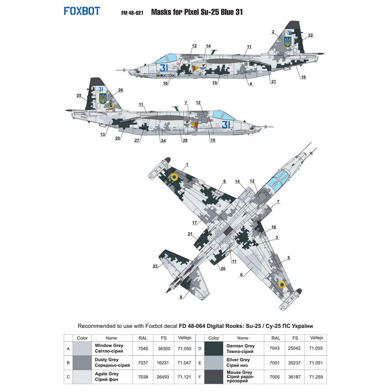Foxbot FM 48-022 Masks for digital camouflage of Su-25 Blue 31, Ukranian Air Forces Scale 1:48