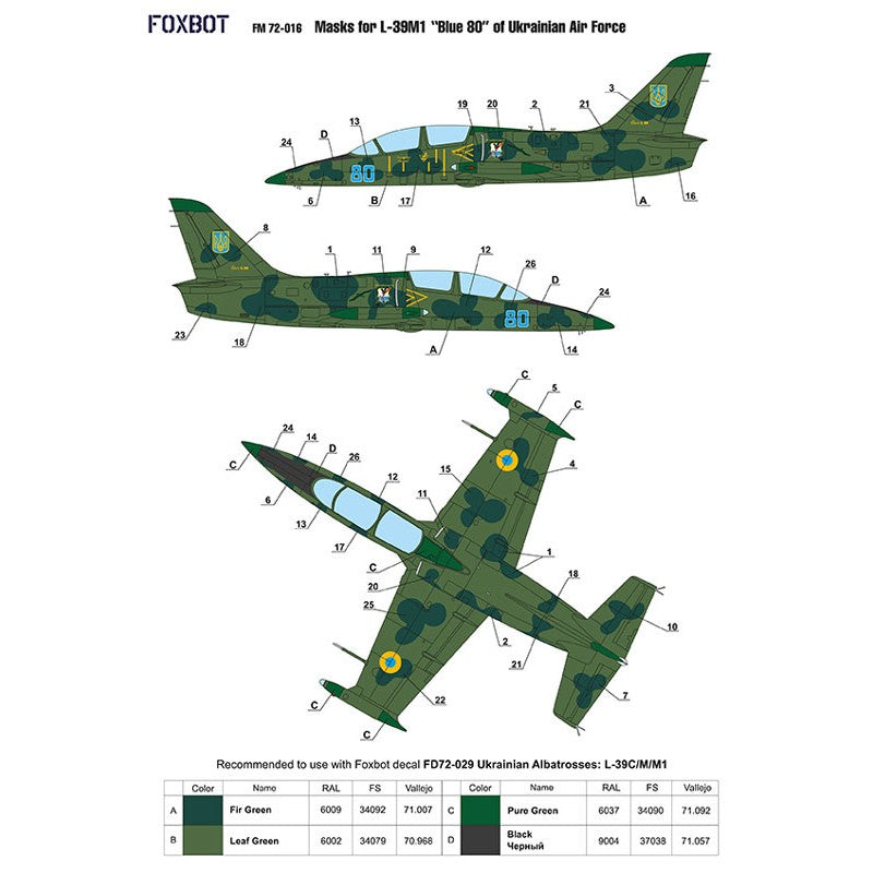 Foxbot FM 72-016 Masks camouflage for L-39M1 “Blue 80” Ukrainian Air Force Scale 1:72 for Aircraft Plastic Model Kit