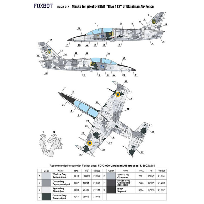 Foxbot FM 72-017 Masks pixel camouflage for L-39M1 “Blue 112” Ukrainian Air Force Scale 1:72 for Aircraft Plastic Model Kit