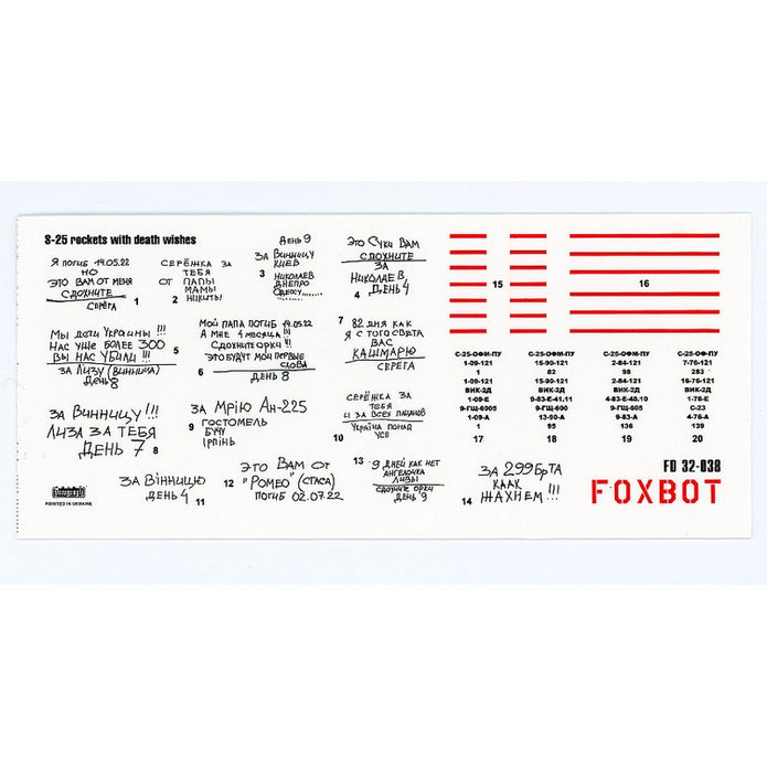 Foxbot 32-038 Decals Stencils for Missile S-25 with death wishes, Ukranian Air Forces Scale 1:32
