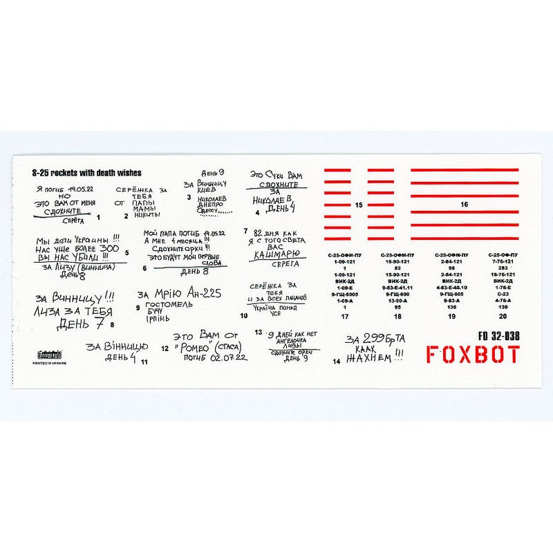 Foxbot 32-038 Decals Stencils for Missile S-25 with death wishes, Ukranian Air Forces Scale 1:32