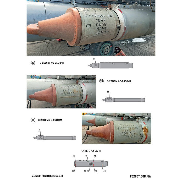 Foxbot 32-038 Decals Stencils for Missile S-25 with death wishes, Ukranian Air Forces Scale 1:32