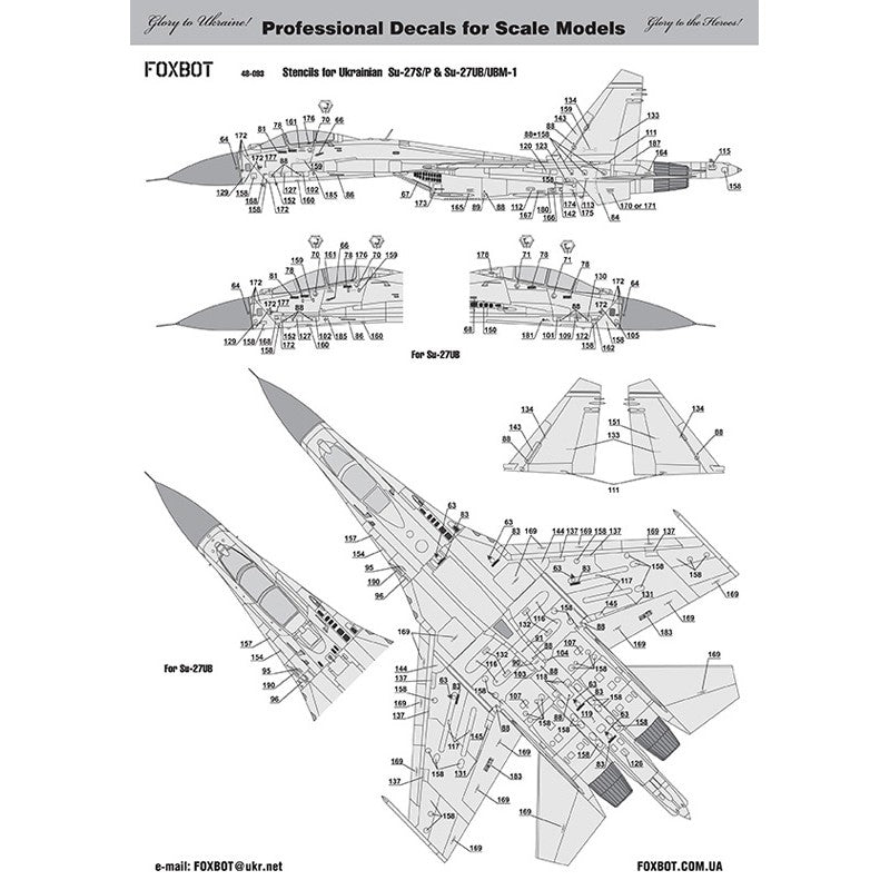 Foxbot 48-095T Decals Su-27 and Su-27UB Ukrainian Air Forces, with Geometric Camouflage and Stencils Scale 1:48