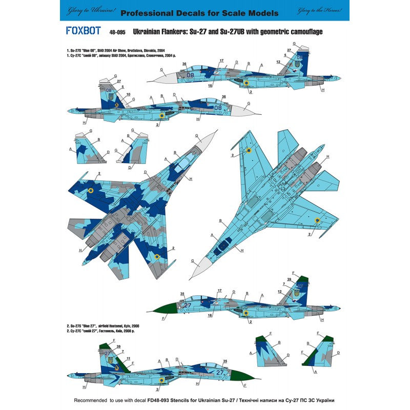Foxbot 48-095T Decals Su-27 and Su-27UB Ukrainian Air Forces, with Geometric Camouflage and Stencils Scale 1:48
