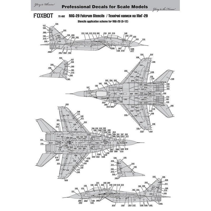 Foxbot 72-061T Decals Ukrainian Fulcrums: MiG-29 and Stencils Scale 1:72 for Aircraft Plastic Model Kit