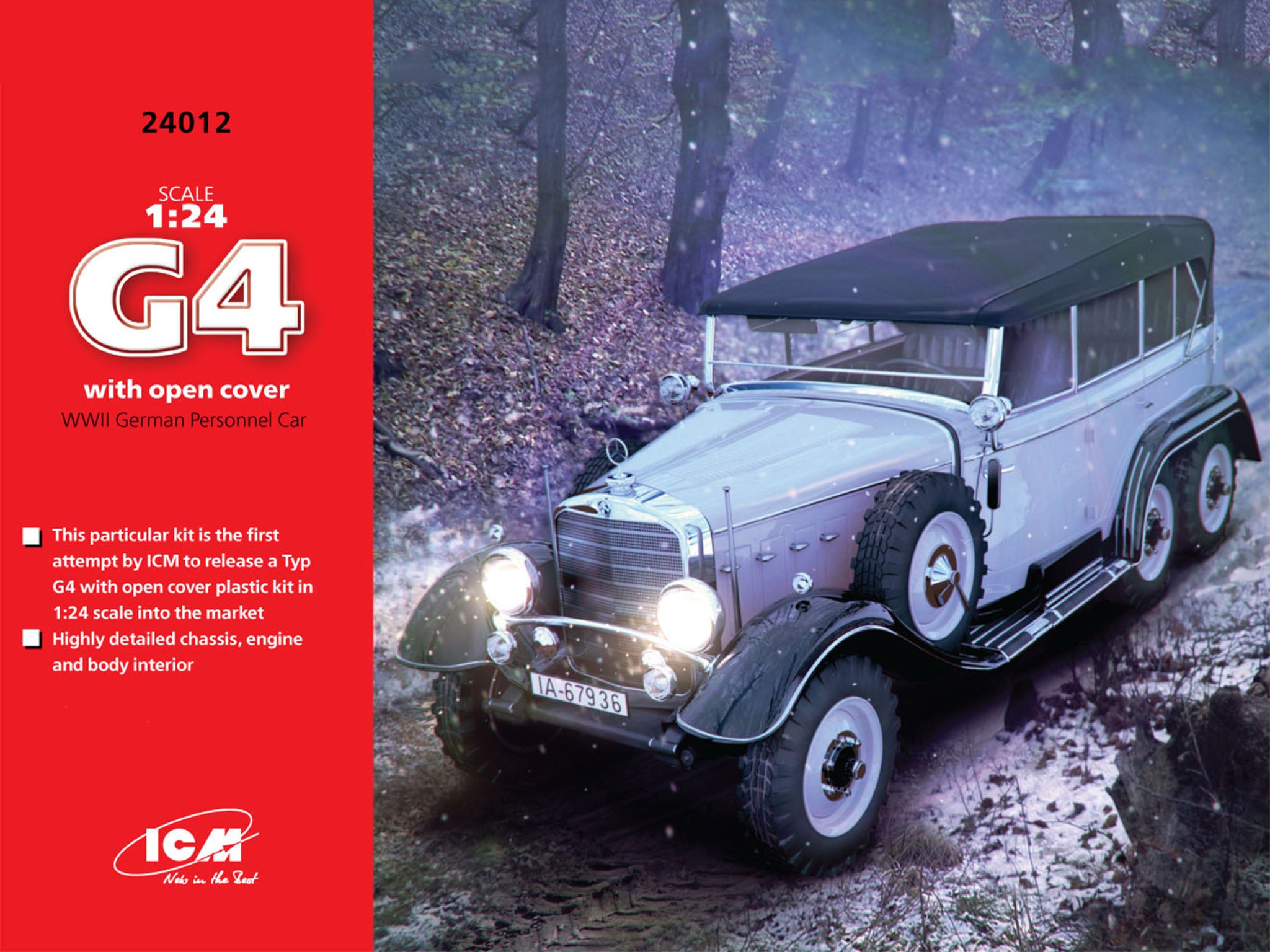 ICM 24012 Plastic model 1:24 Typ G4 with open cover, WWII German personnel car