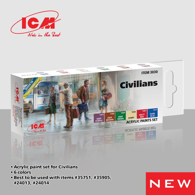 ICM 3030 Аcrylic paints set “Civilians” Red, Brown, Green, Blue, White 12 ml х 6