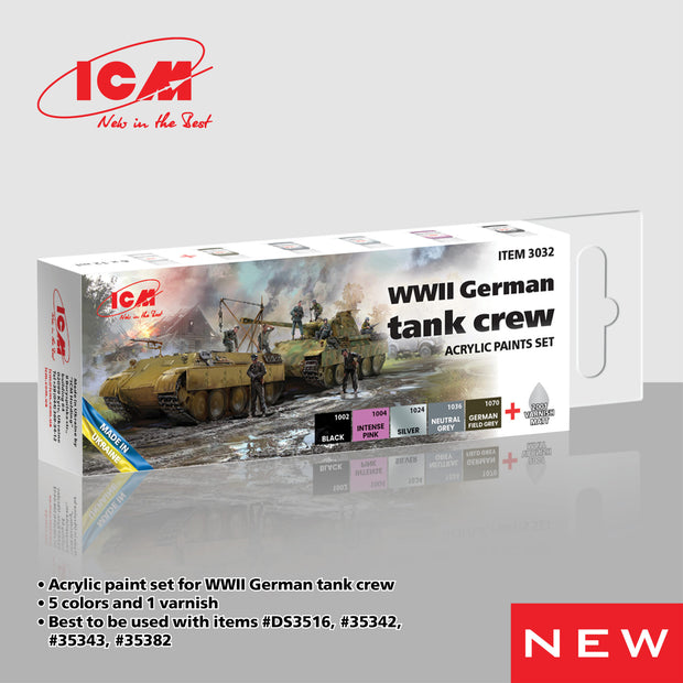 ICM 3032 Acrylic paint set for WWII German tank crew Grey Red Brown Green Black
