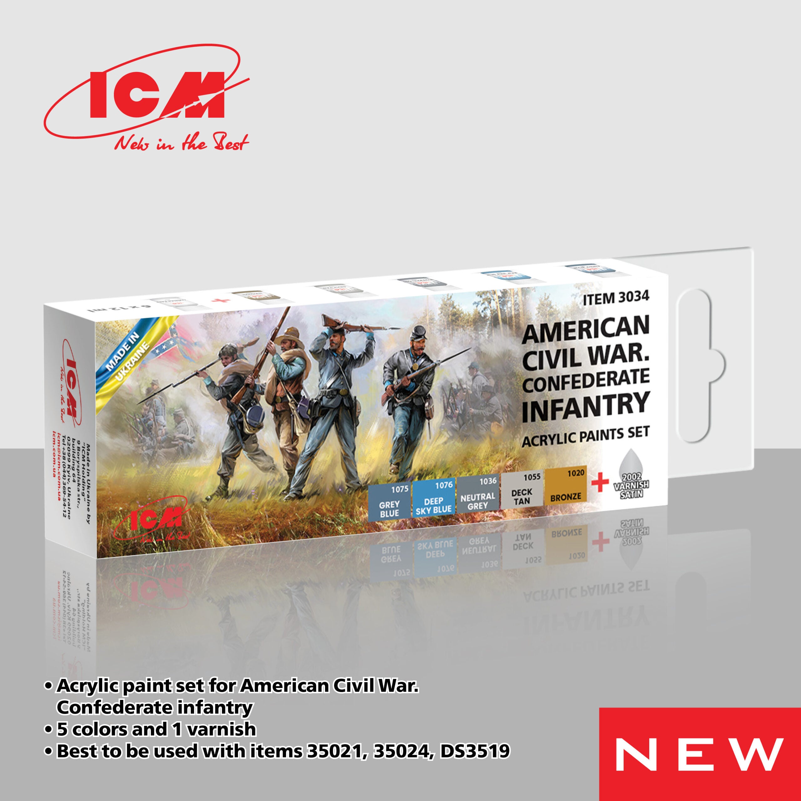 ICM 3034 Acrylic paint set American civil war Grey, Yellow, Blue for model kit