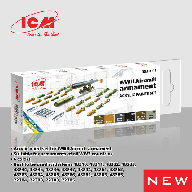 ICM 3036 Acrylic paint set WWII Aircraft armament Grey Yellow Brown Green Black