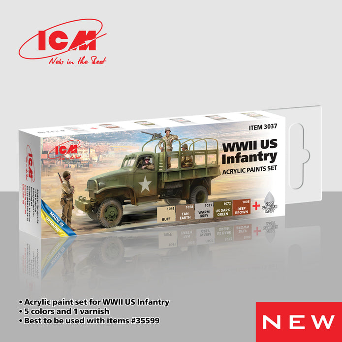 ICM3037 WWII US Infantry Acrylic paint set x 6 12ml bottles Grey, Yellow, Brown