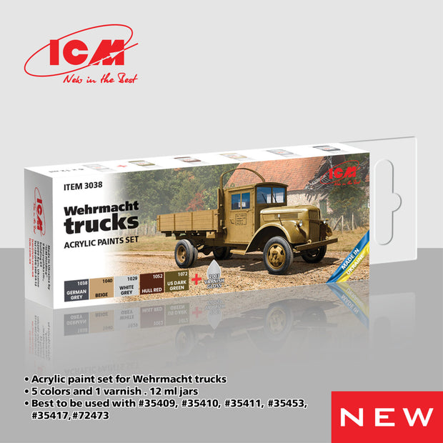 ICM 3038 Acrylic paints set for Wehrmacht trucks Grey Brown Green for model kit