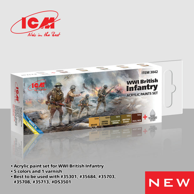 ICM 3042 Acrylic paints set for WWI British Infantry Yellow, Brown, Green