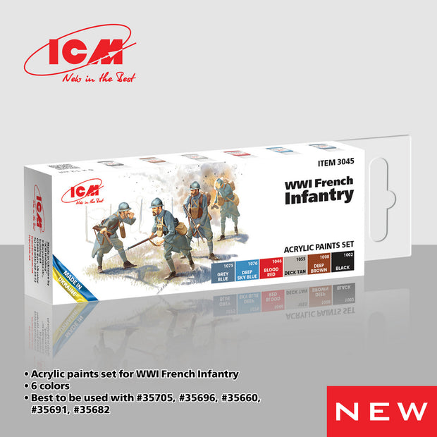 Acrylic Paints Set WWI French Infantry Grey Red Brown Blue Black 12mlх6 ICM 3045