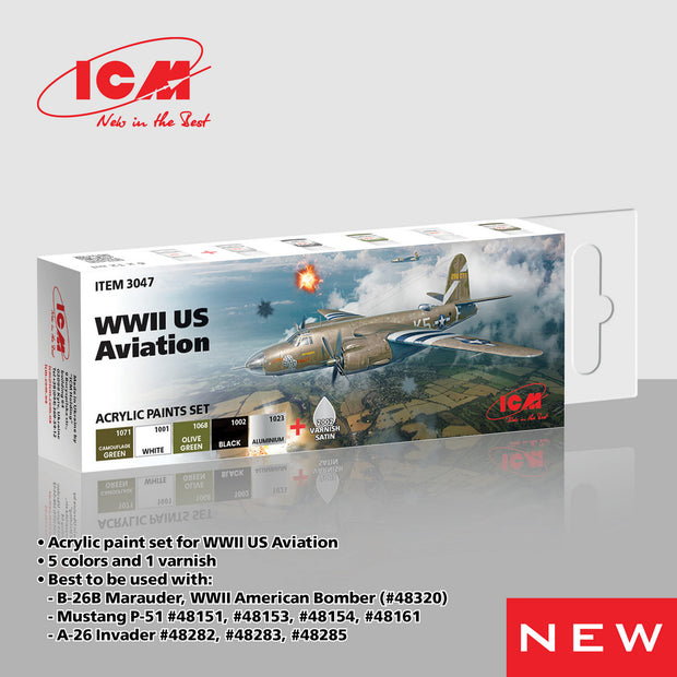Acrylic Paints Set for WWII US Aviation ICM 3047 Grey, Green, White, Black