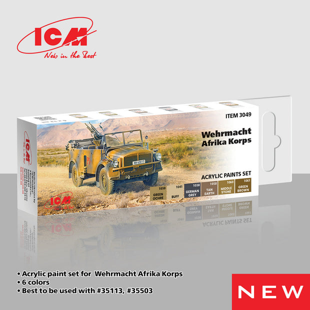 Acrylic Paints Set for Wehrmacht Afrika Korps ICM 3049 Grey, Brown, Green