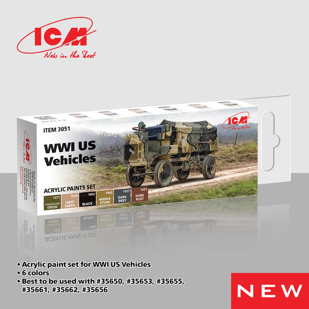 Acrylic Paints Set for WWI US Vehicles Grey, Brown, Green, Black ICM 3051