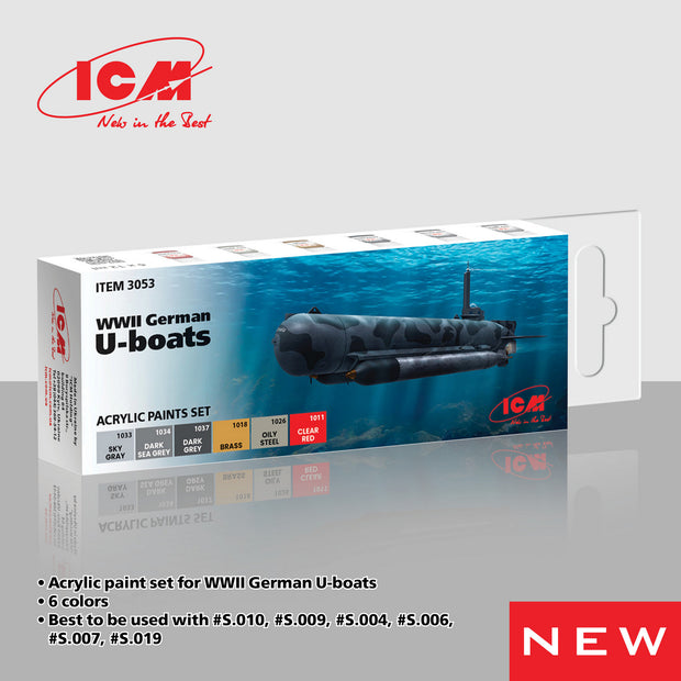 Acrylic paints set for WWII German U-boats Grey, Yellow, Red 12 ml х 6 ICM 3053