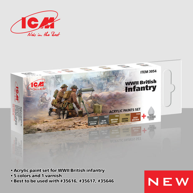 Acrylic paints set for WWII British infantry Grey Brown Green 12 ml х 6 ICM 3054