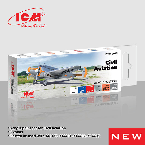 Acrylic paints set for Civil Aviation Grey, Red, Blue, White 12 ml х 6 ICM3055