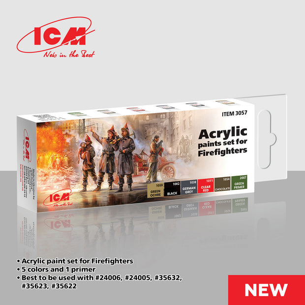 Acrylic paints set for Firefighters - Grey, Yellow, Red, Brown, Green - ICM 3057