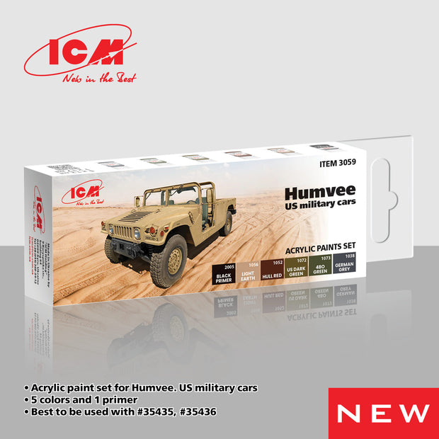 Acrylic paints set for Humvee Us military cars Grey, Brown, Green, Black ICM 3059