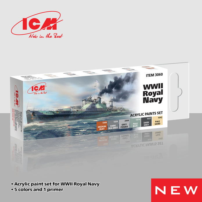 Acrylic paints set for WWII Royal Navy Grey, Yellow, Brown, Blue ICM 3060