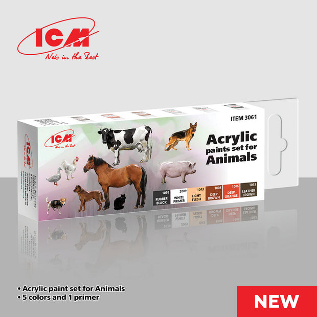 Acrylic paints set for Animals - Brown, White, Black - ICM 3061