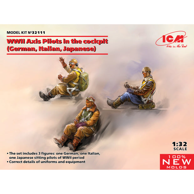 WWII Axis Pilots in the cockpit
German, Italian, Japanese Scale 1:32 ICM32111 Plastic Model Figures Kit