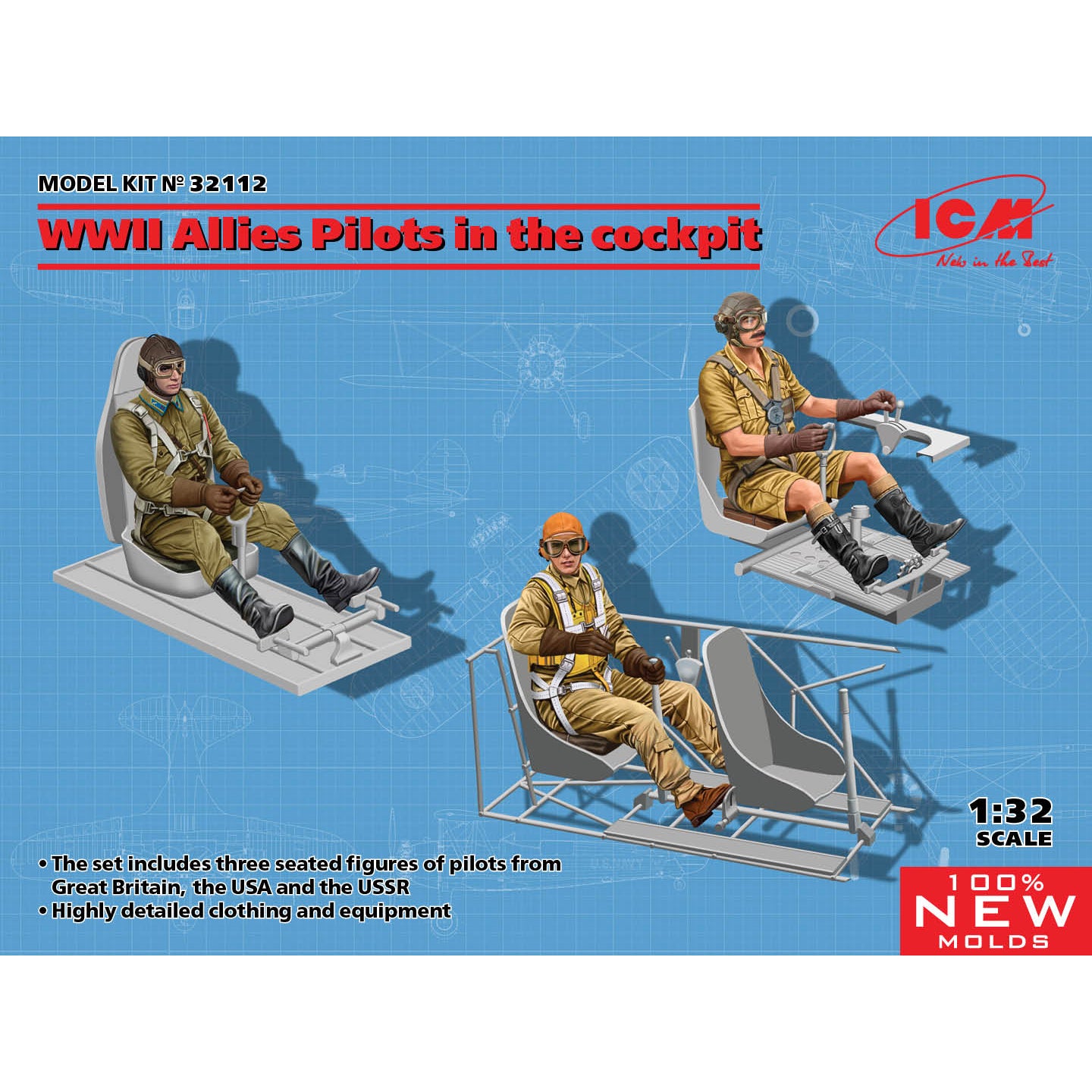 ICM 32112 Plastic model Scale 1:32 WWII Allies Pilots in the cockpit 3 figures