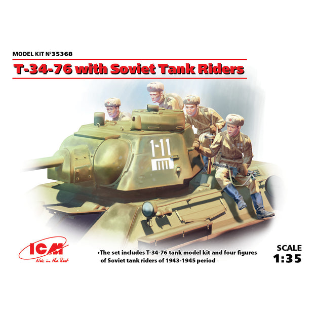 ICM 35368 Plastic model tank  kit Scale 1:35 T-34-76 with Soviet tank riders