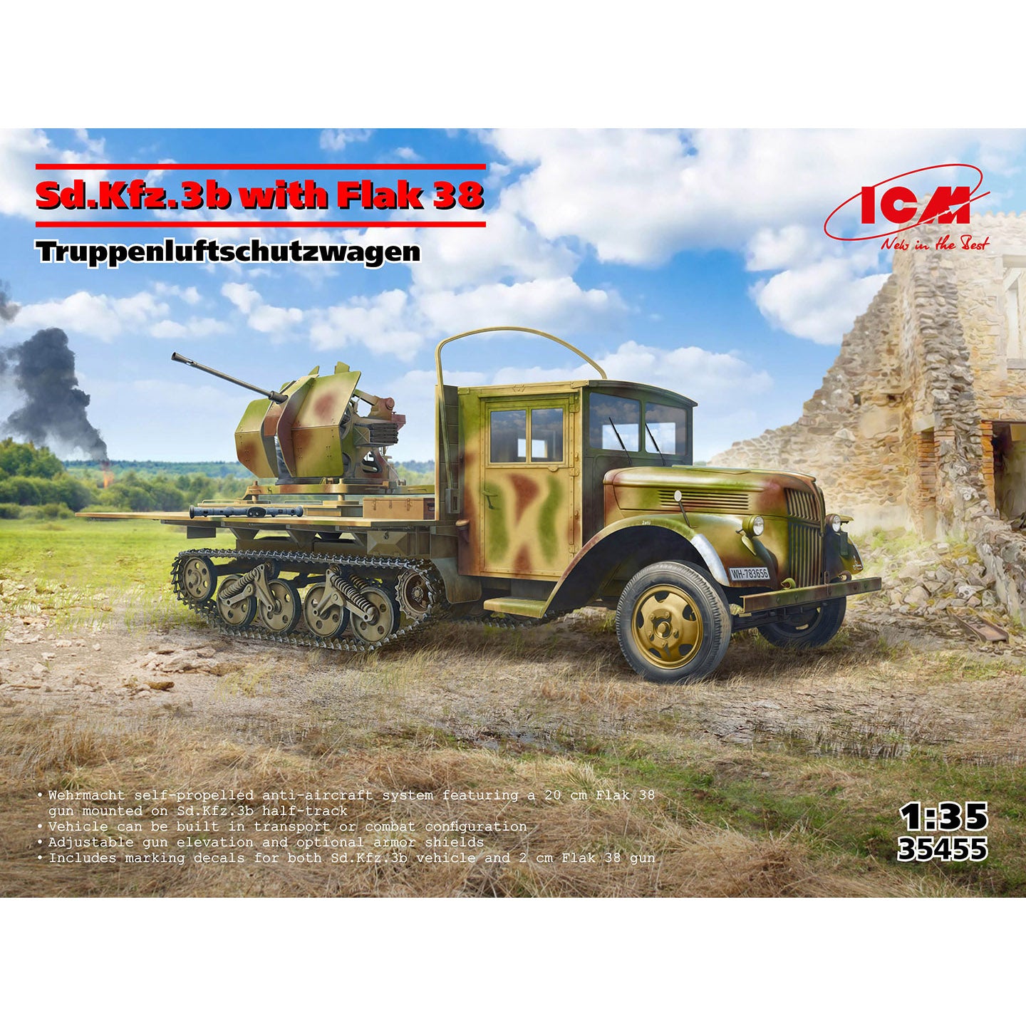 Sd.Kfz.3b with Flak 38 Truppenluftschutzwagen Scale 1:35 ICM35455 Plastic Model Truck Kit