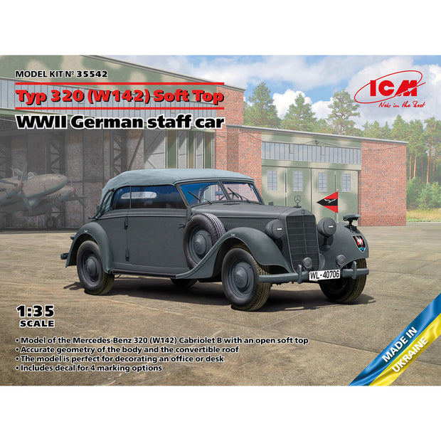 ICM 35542 Scale model kit car 1:35 Typ 320 (W142) Soft Top WWII German staff car