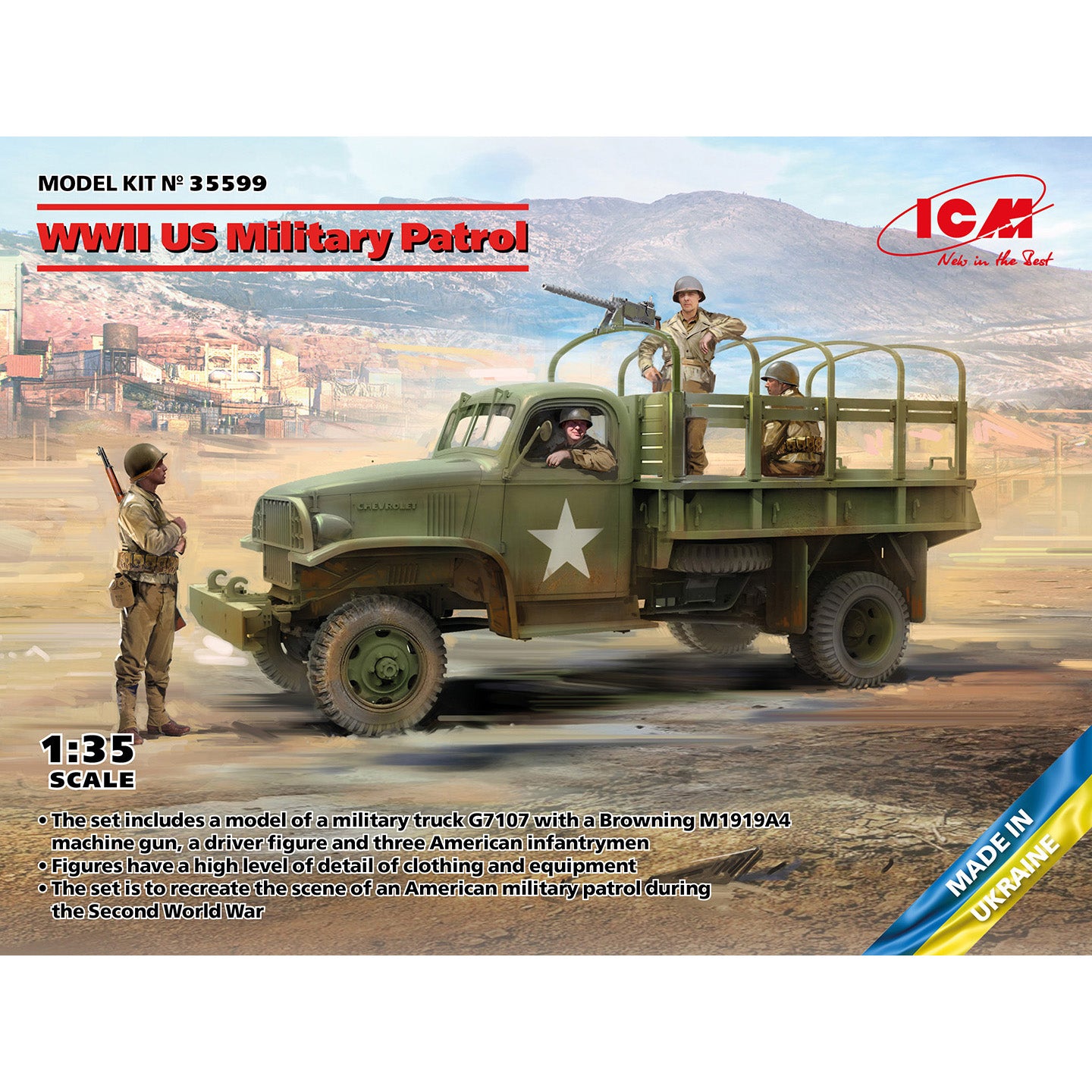 ICM 35599 Scale model kit 1: 35 WWII US Military Patrol (G7107 with MG M1919A4)